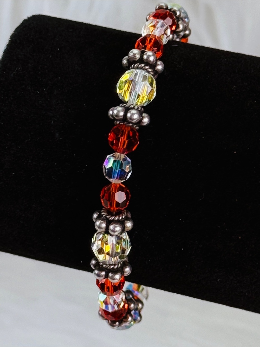 Vintage Orange Iridescent Faceted Bead Toggle Bracelet Ornate Silver Detail